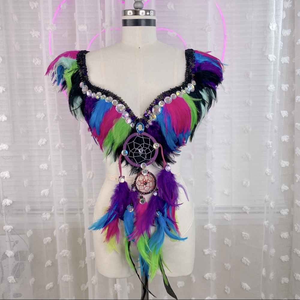 Custom - Electric Rave samba Bra feather Top